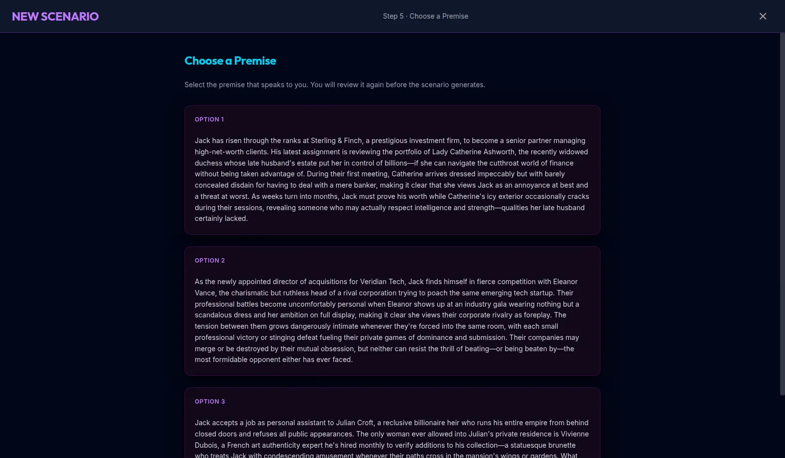 Alsion's New Scenario wizard, step 5: three generated premise options, each a full paragraph of setup written from the player's stated preferences.