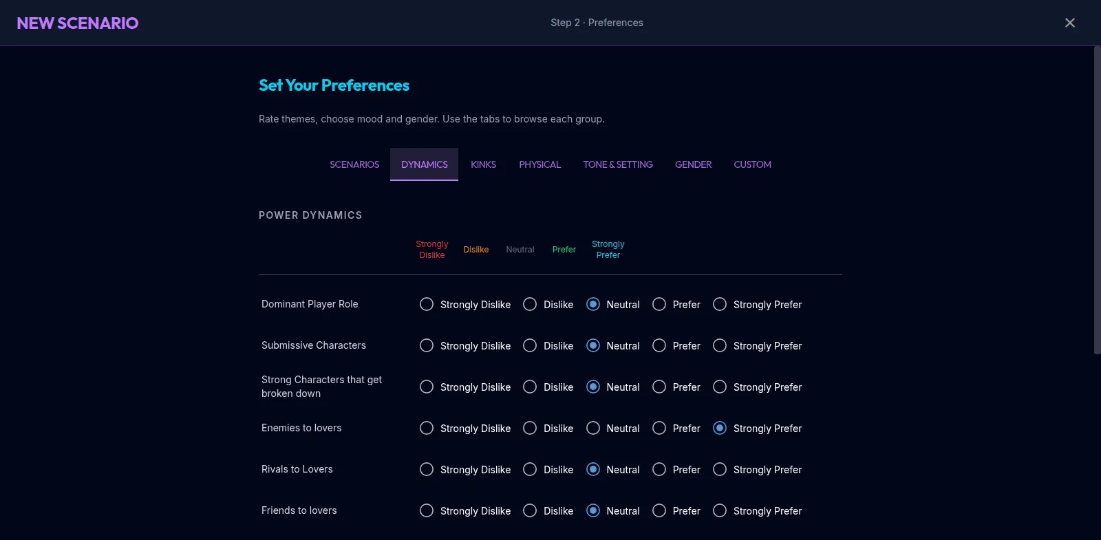 Alsion's New Scenario wizard, step 2: a Power Dynamics preference grid where each theme is rated from Strongly Dislike to Strongly Prefer. 'Enemies to lovers' is set to Strongly Prefer.